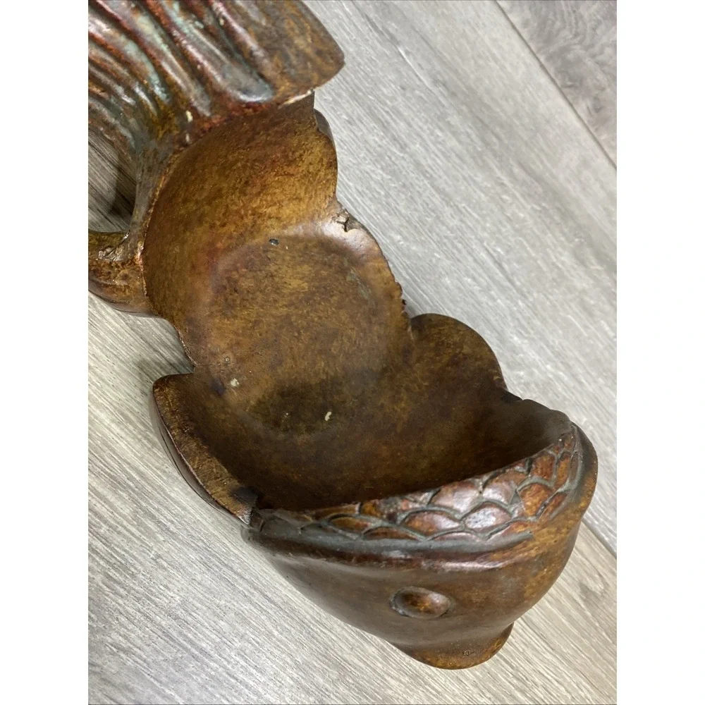 Japanese Fish Bowl Sculpture, Vintage Resin Wood‎ Look Koi Candle Holder
